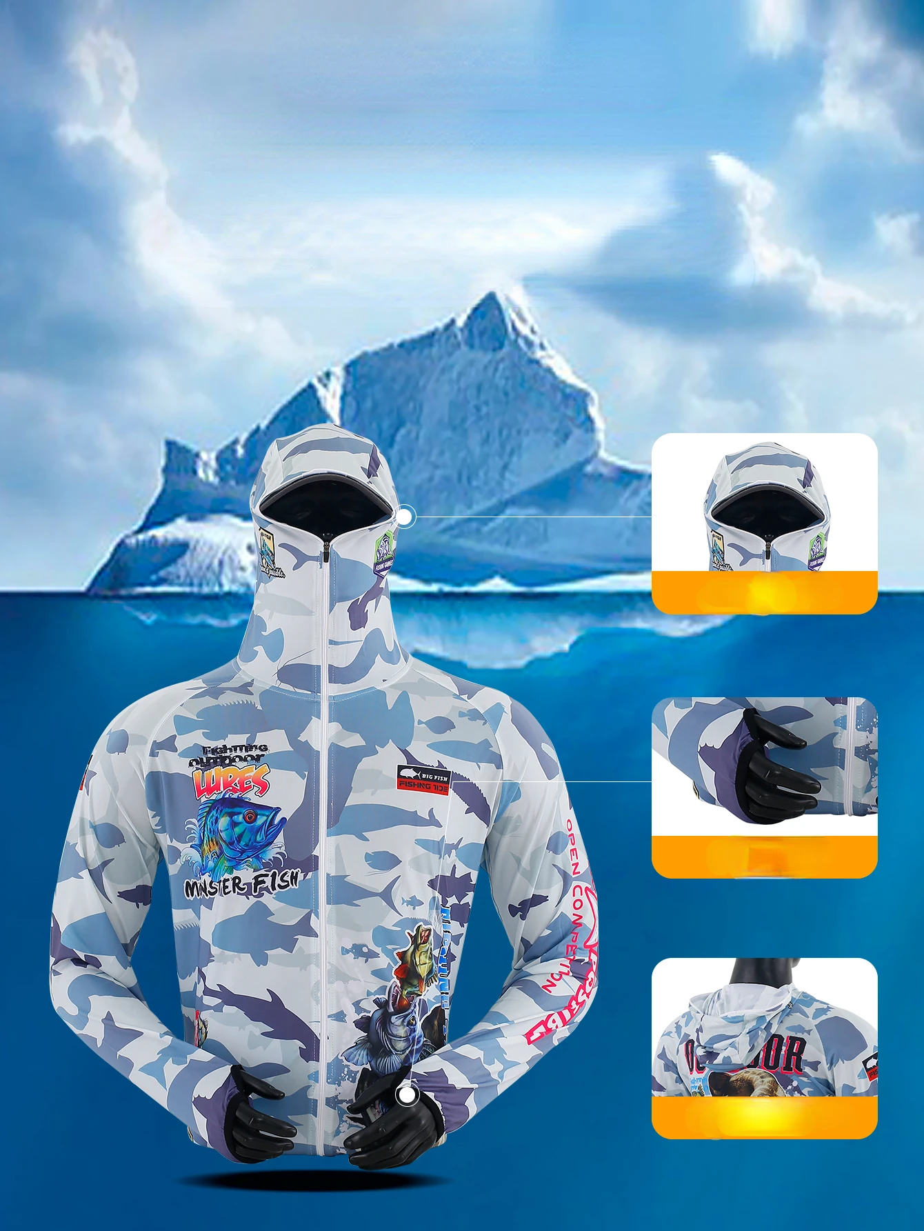 Summer New Camouflage Sea Fishing Clothes Sunscreen Clothes Men\'s Ice Silk Outdoor Night Fishing Jerseys and Pants 2pcs Set