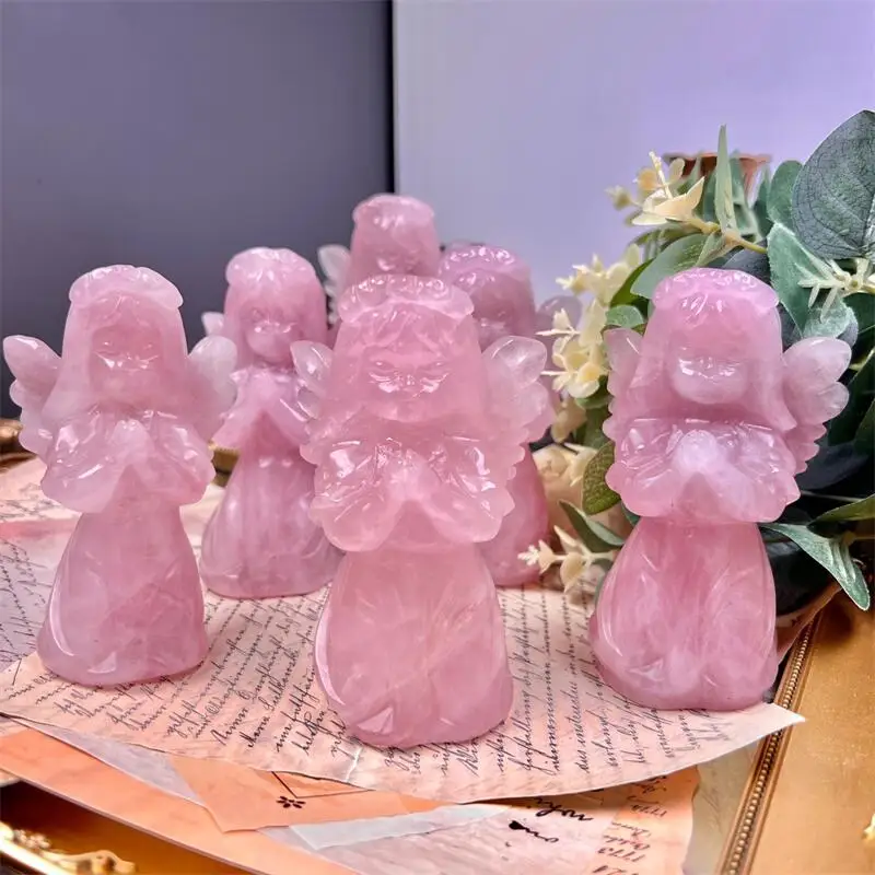 

11cm Natural Rose Quartz Gemstone Angel Crystal Carving Angel Crafts Lucky Healing Stone For Decoration 1pcs