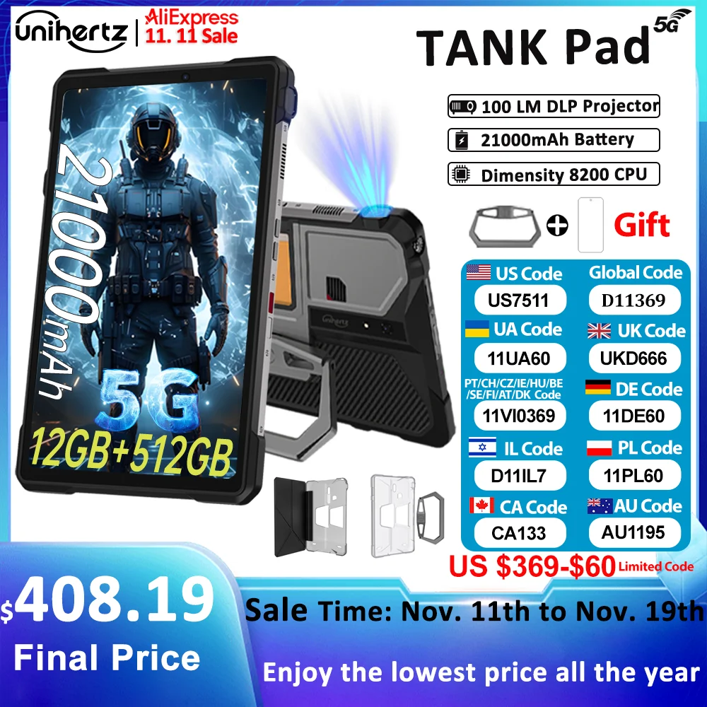 Unihertz Tank PAD 8849 Rugged Projector Phone Tablet Android 32GB 512GB 21000mAh 10.95'' FHD Dual Speaker Waterproof Tablet
