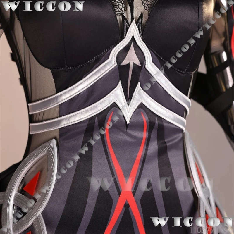 مجموعة كاملة من أزياء رولر أوف ديث رونوفا جينشين إمباكت جيم، فستان أسود وأحمر، شعر مستعار فضي، أغطية رأس حمراء للنساء والفتيات في الهالوين