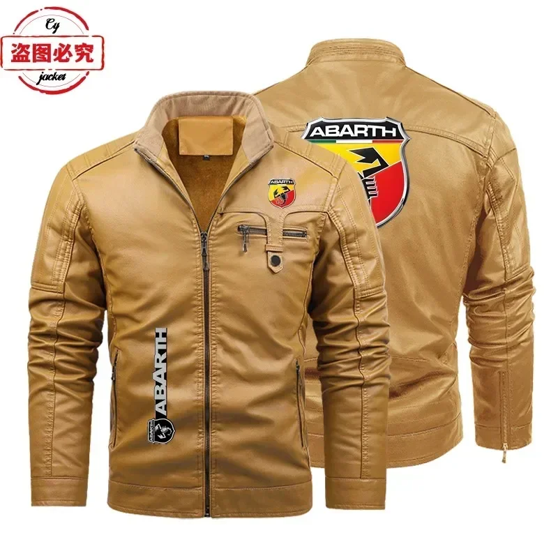 ABARTH Car Logo Retro Washed PU Leather Jacket Windproof and Plush Warm Men's Abbas Solid Color Leather Jacket Racing Suit
