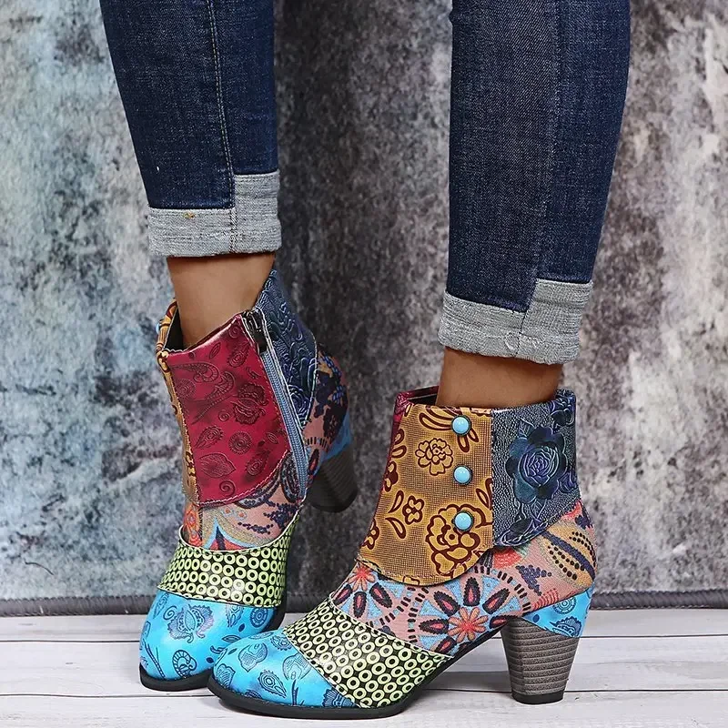 Vintage Splicing Printed Ankle Boots for Women Shoes Female PU Leather Retro Block High Heels Bohemian Ladies Winter Short Boots