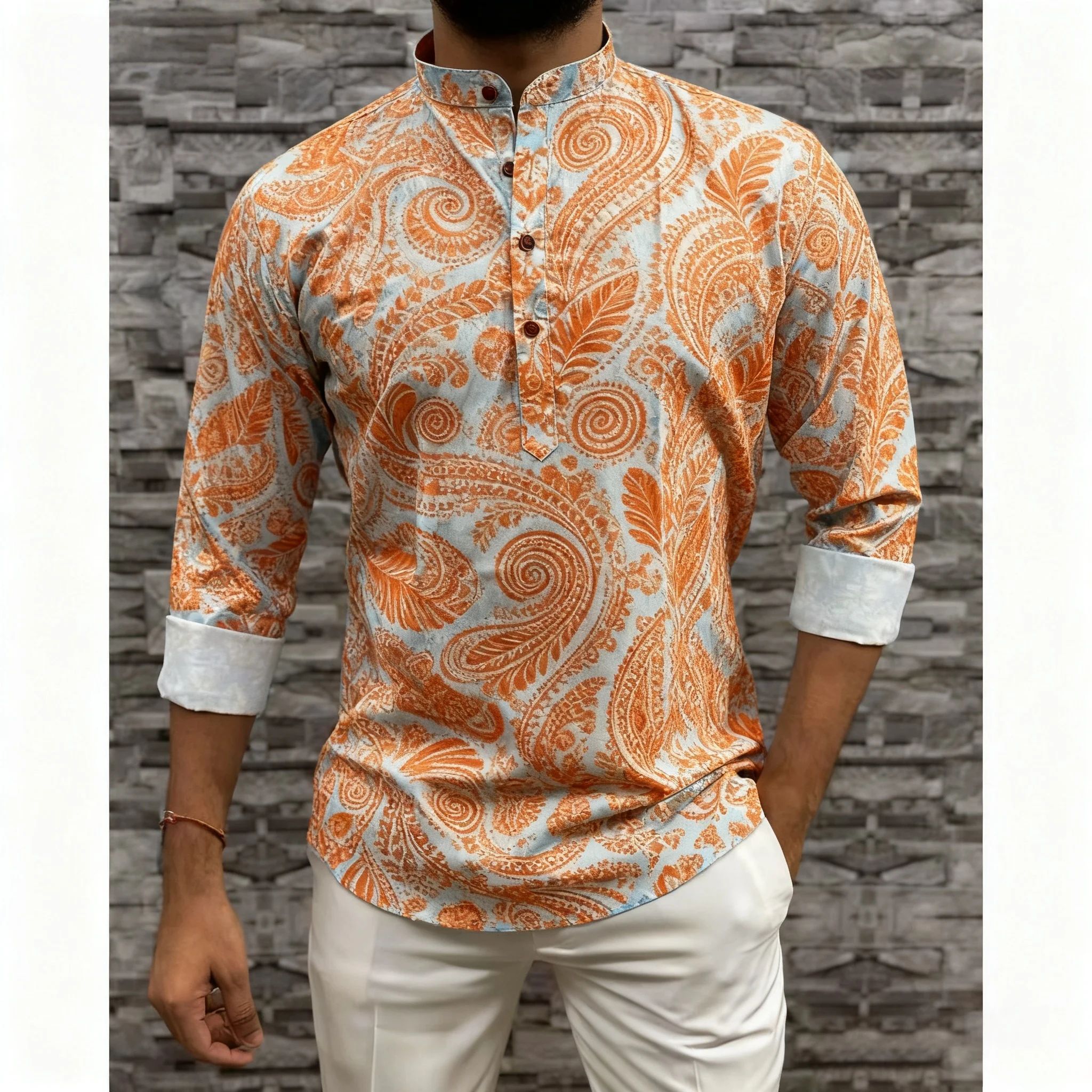 رداء رجالي مسلم لعام 2026 قميص بأكمام طويلة نمط عرقي بياقة واقفة ملابس عربية للرجال Vetements Homme Musulman