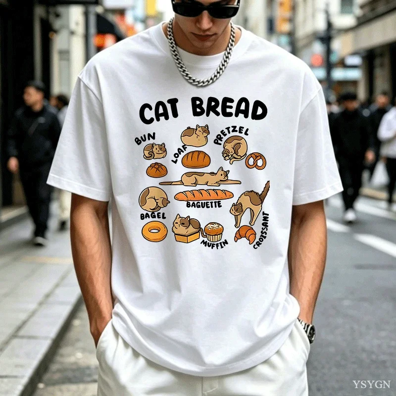 Funny Cat Bread Art Print Mens Crew Neck Short Sleeve T Shirt Cute Kitten Bakery Food Cartoon Casual Graphic Tees for Ladies Top