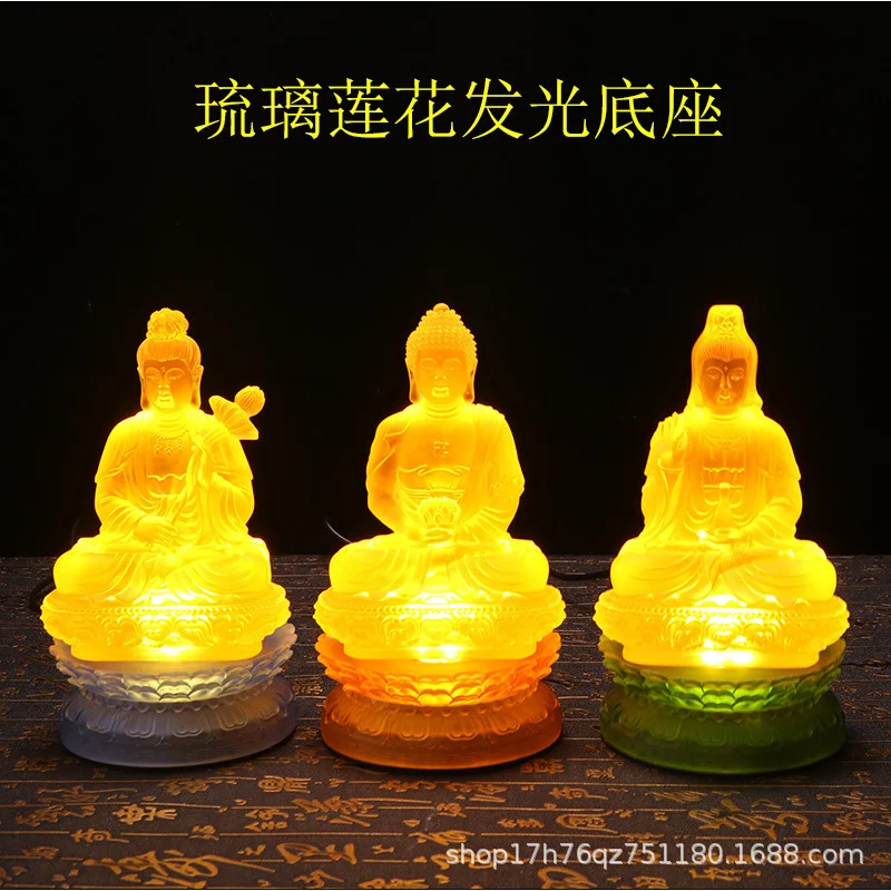 LED Plug-in Lamp Ancient Glaze Double-layer Round Lotus Base Guanyin Bodhisattva Buddha Statue Special Offering Table Ornament
