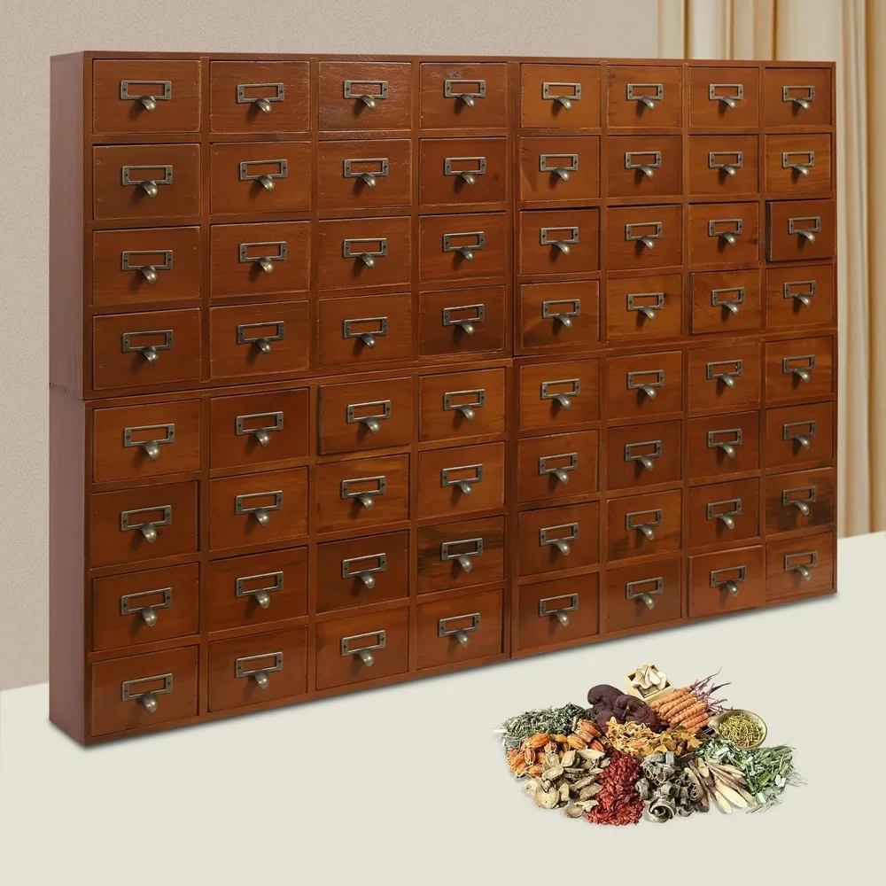 Wooden 64-Drawer Storage Cabinet, Traditional Apothecary Style, Library Card Catalog, Herb Organizer with Label Holder