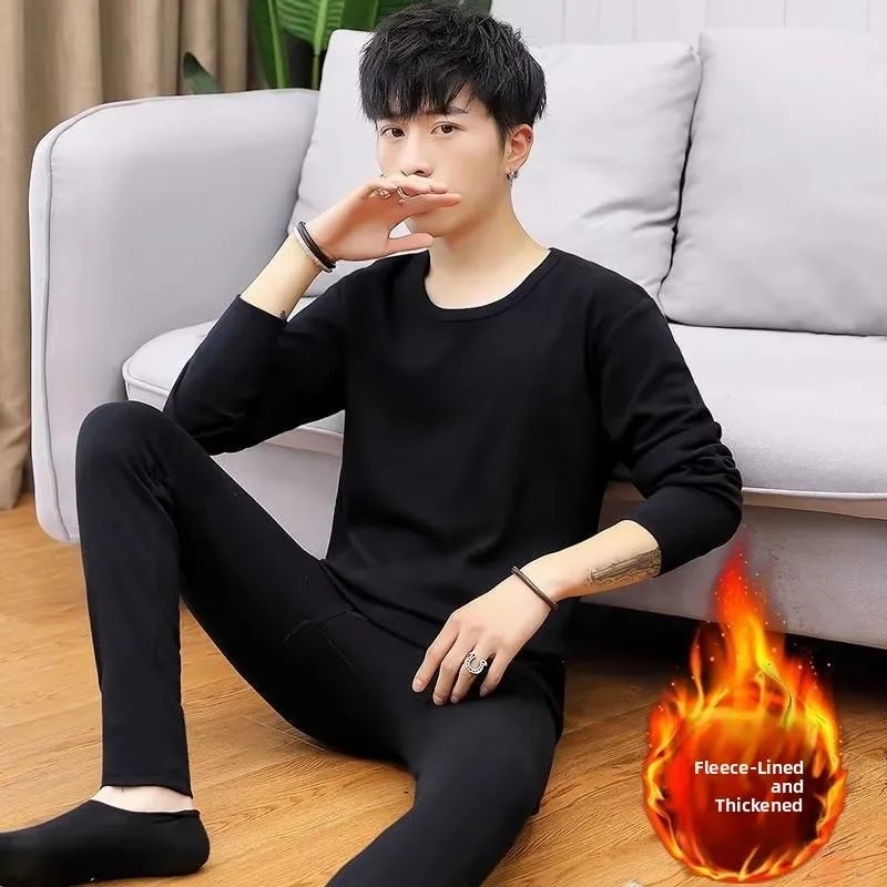 

Men's Thermal Underwear Set Fleece Lined Thickened round Neck Winter Youth Student Warmth Retention Large Size Autumn Clothes