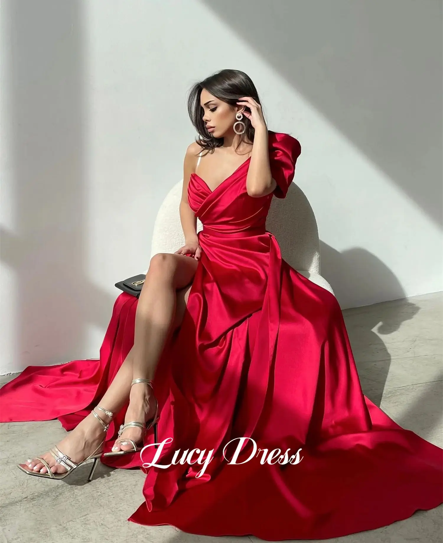 Lucy Deep Red Satin Mermaid One Shoulder Sleeve Grace Evening Dress Elegant Womens Party Dresses Woman Prom Wedding Sharon Happy