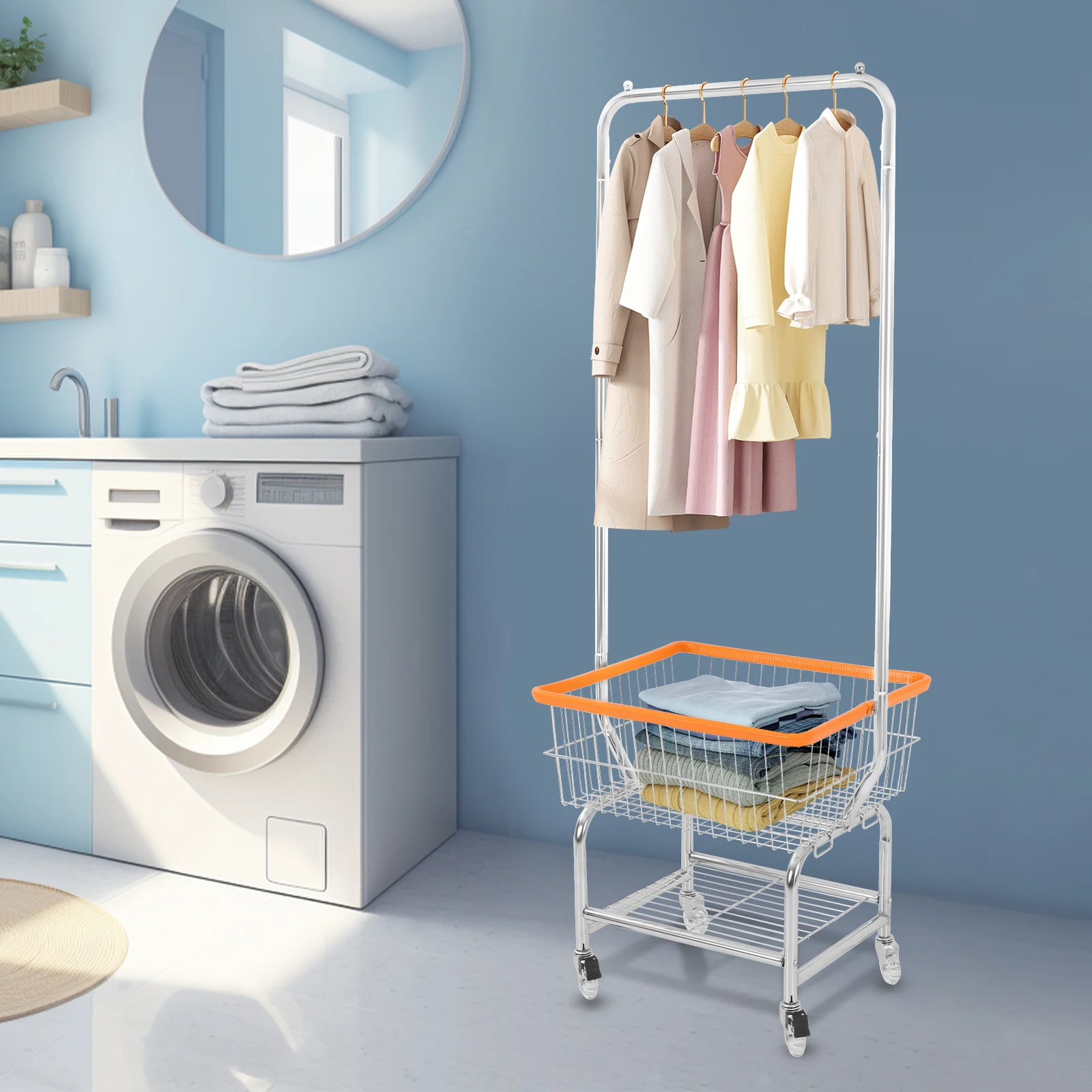 

Modern Large Capacity Clothes Cart with Shoe Rack, Rolling Laundry Cart, Laundry Cart with Hanging Rod 19.69*15.75*70.87in
