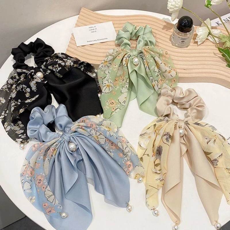 

Floral Chiffon Hair Bows - Adjustable Elastic Ponytail Holders, Non-Slip Sweet Scrunchies for Women, Girls Hair Ties & Ribbon Ac