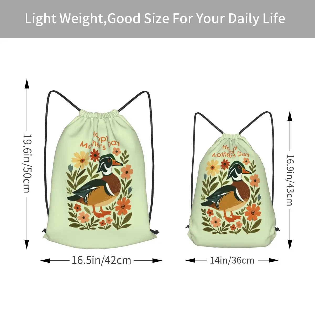 Mid Century Modern Wood Duck Backpacks Portable Drawstring Bags Sundries Bag Book Bags for Travel Students