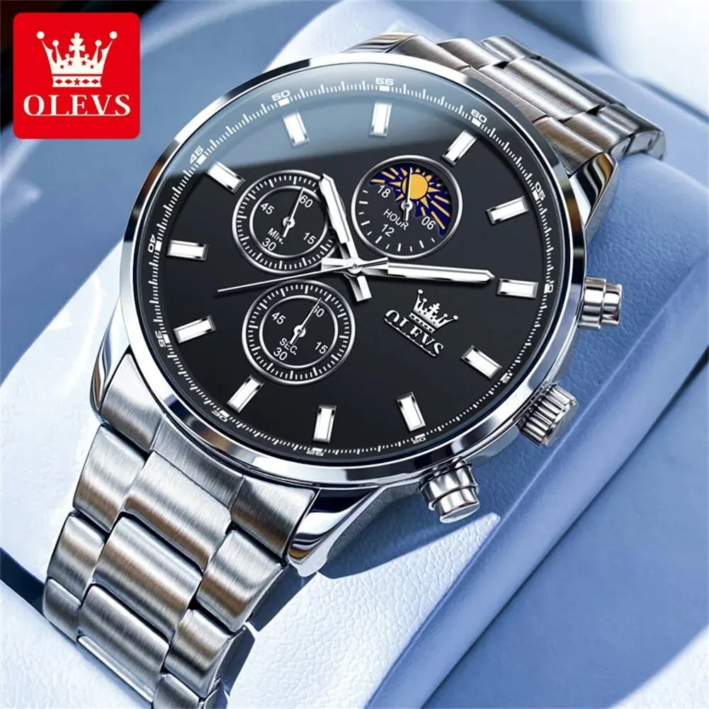 OLEVS 2902 Stainless Steel Men\'s Watches Simplicity Luxury Top Original Chronograph Waterproof Moon Phase Quartz Watch for Men