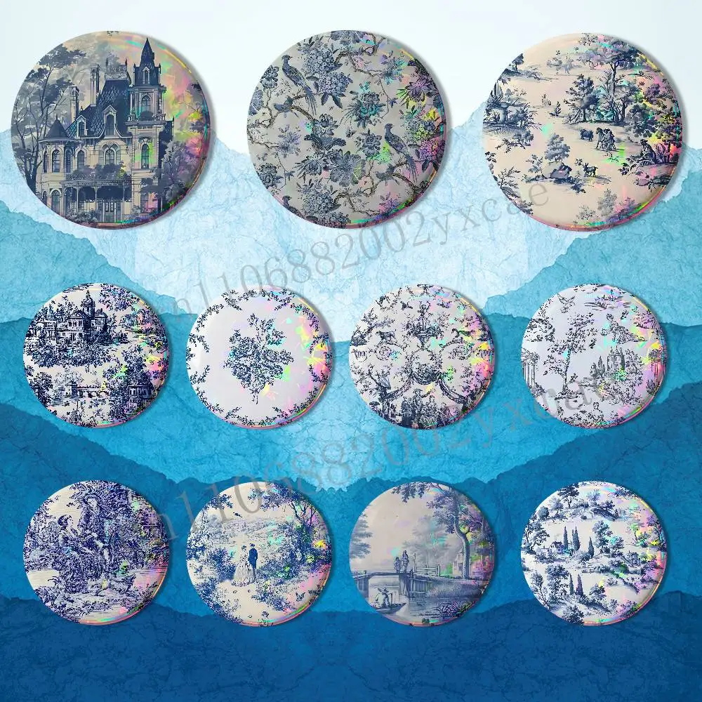 

blue art Toile de Jouy Laser reflective round badges pins bag clothing decorations collectibles gifts for friends