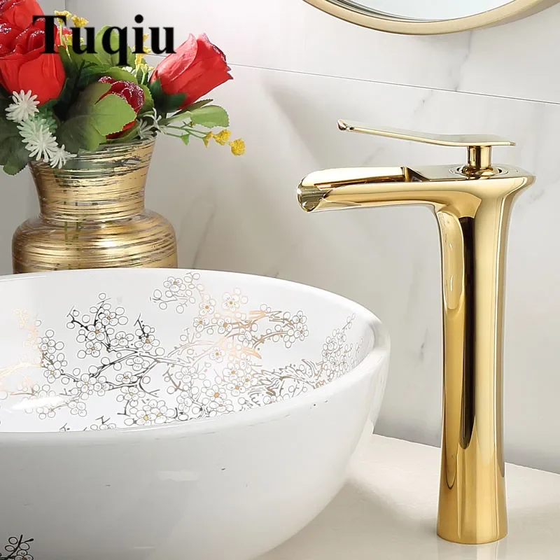 

Basin Faucet Gold Waterfall Brass Bathroom White Mixer Tap Hot and Cold White Sink