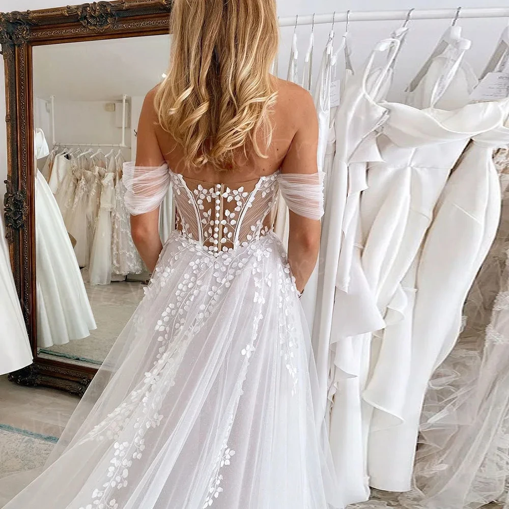 Vestidos de novia elegantes de corte a para mujer, vestidos de novia sexys con hombros descubiertos, Apliques de encaje, vestido de novia sin espalda personalizado 2025