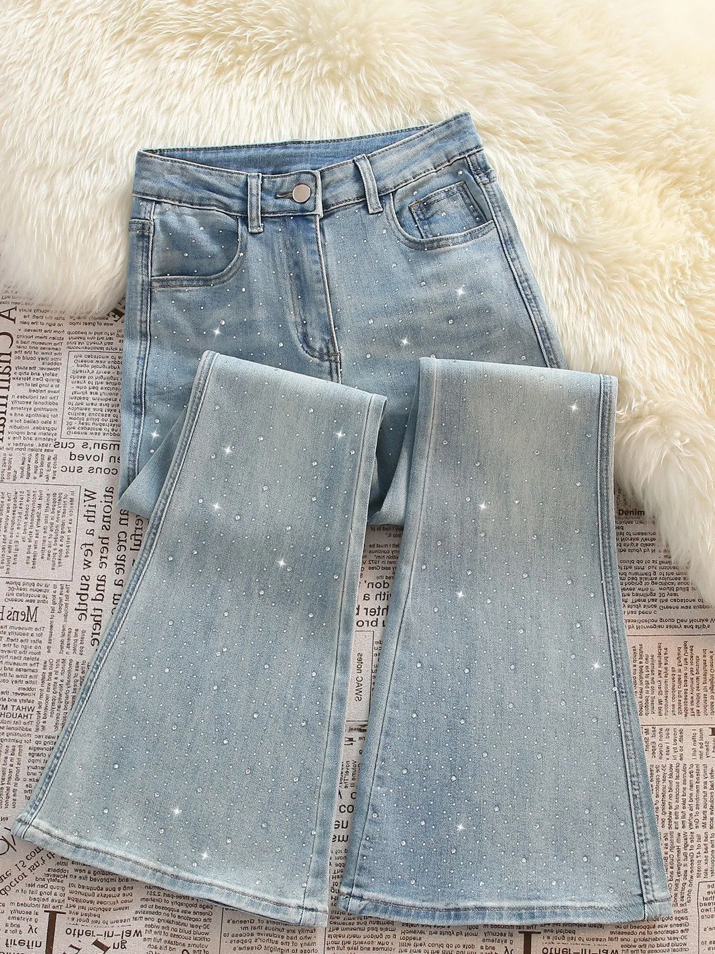 

High Waist Slim Fit Micro Flared Denim Jeans Women's Summer New Style Glittering Bootcut Ankle Length Pants American Style