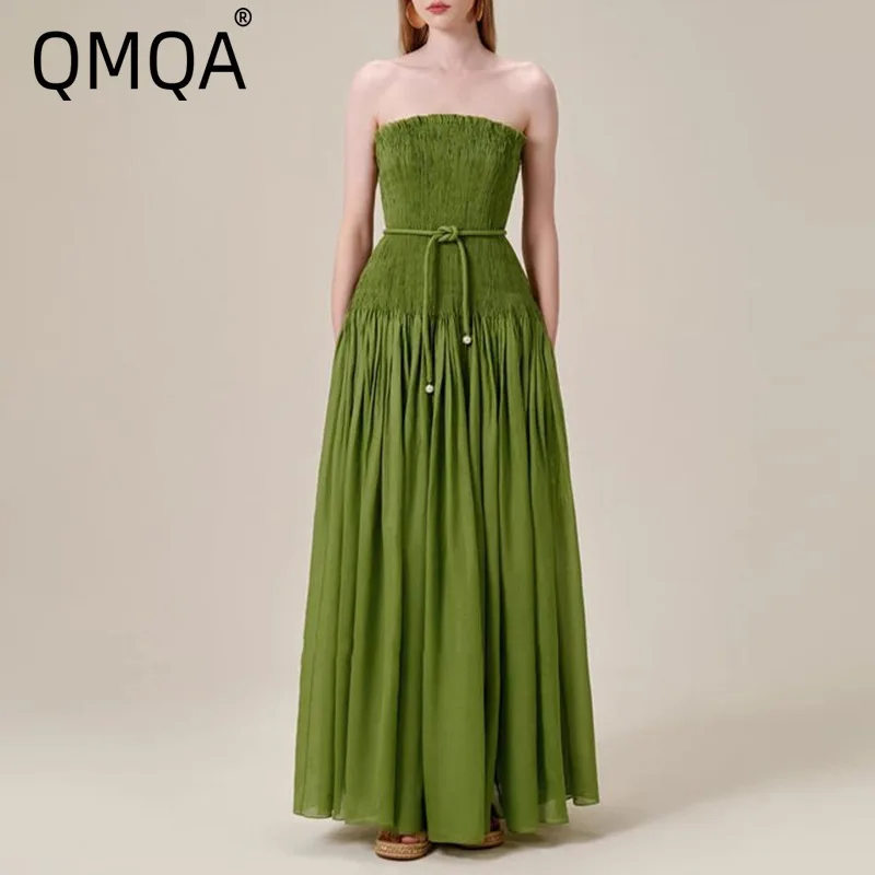 

QMQA модные женские однотонные утягивающие платья на шнуровке с разрезом на шее, без рукавов, с высокой талией, длинное платье 2021, женское новое QM67