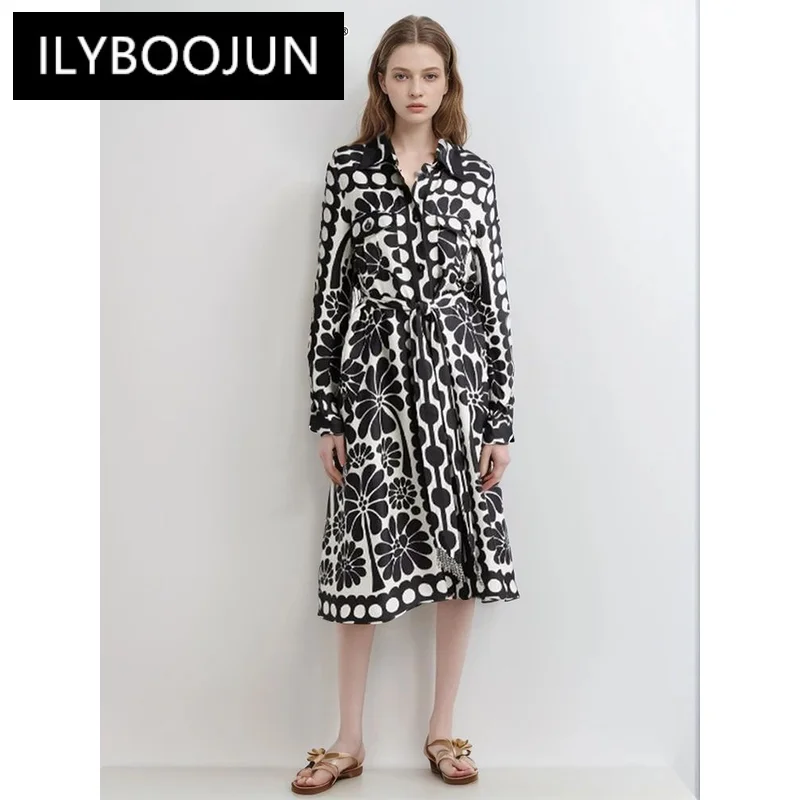 

ILYBOOJUN Colorblock Casual Printing Dress For Women Lapel Long Sleeve Tunic Patchwork Lace Up Chic Elegant Dresses Female