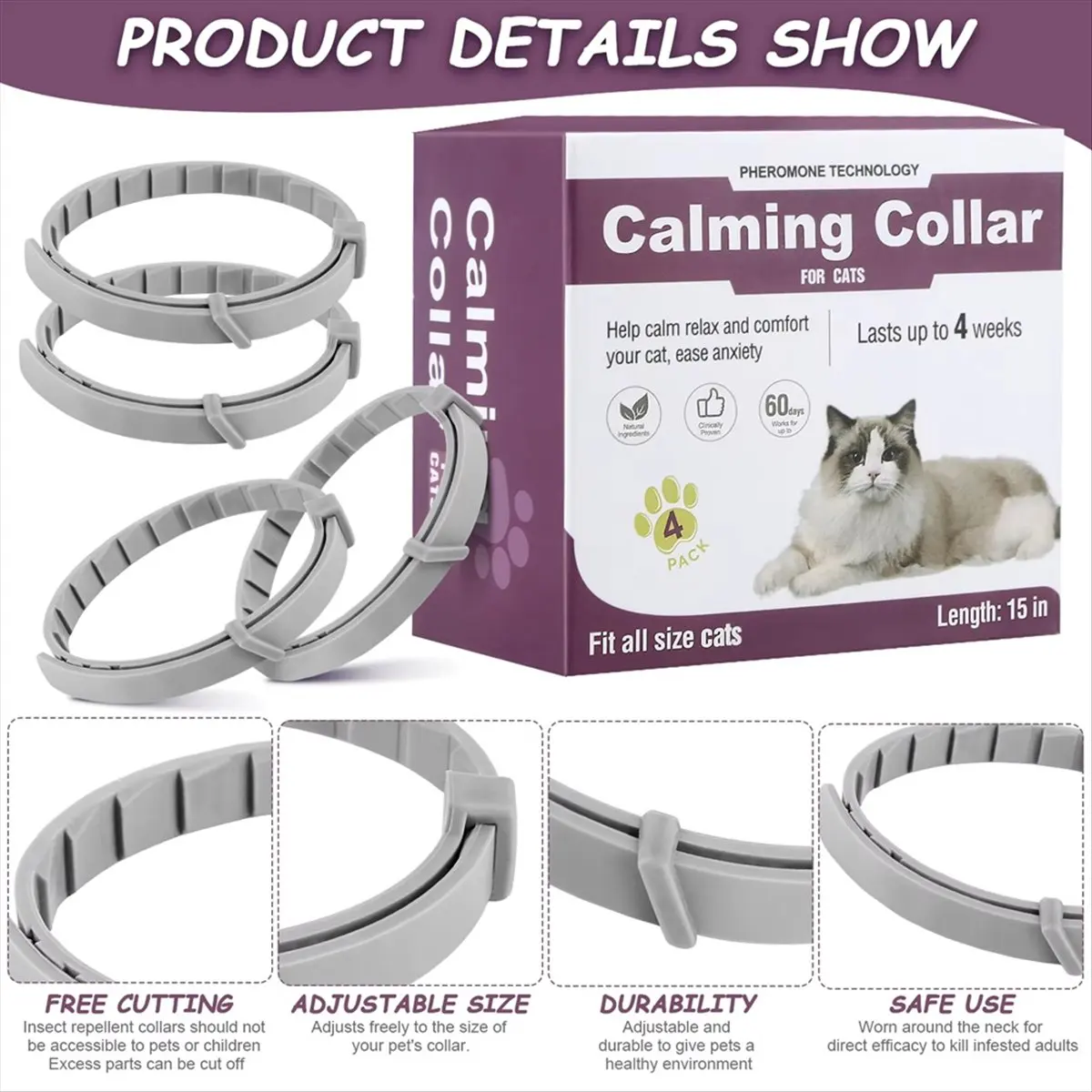 A67T NEW 4Pcs Cat Calming Collar Cat Collar Adjustable Calming Collar Anti-Anxiety Helps for Cats B