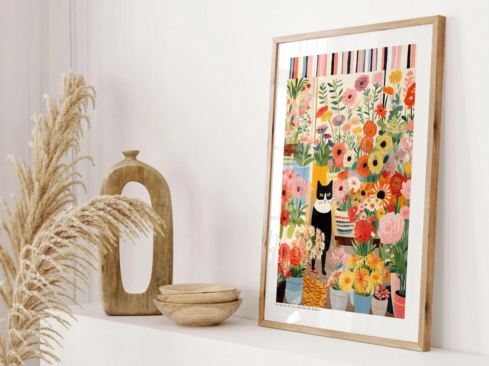 Poster Kucing Hitam Putih dengan Bunga - Gambar Seni Kucing Ilustrasi Kucing Dekorasi Dinding Bunga Hadiah Ideal untuk Pecinta Kucing