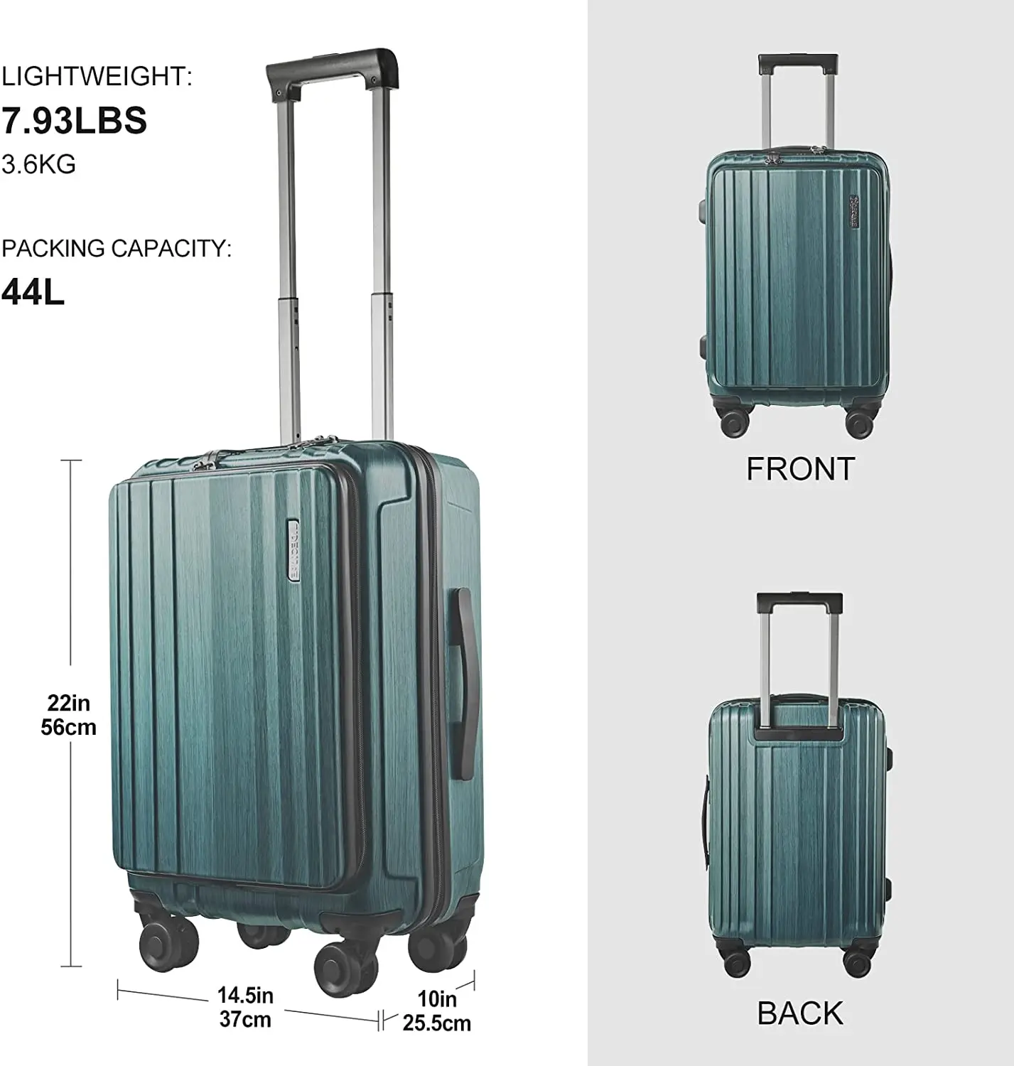 Carry on bagasi 21 inci dengan saku depan untuk Laptop ringan 15.6 ", Laptop + PC Dual Control TSA Lock Spinner Silent wheel hijau