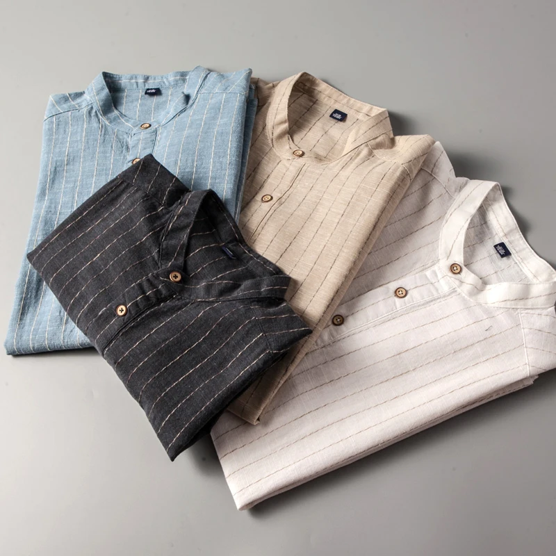 

Натуральная льняная рубашка с коротким рукавом, мужская, приталенная, повседневная, с воротником-стойкой, летняя, модная, в городском стиле, стандартной толщины