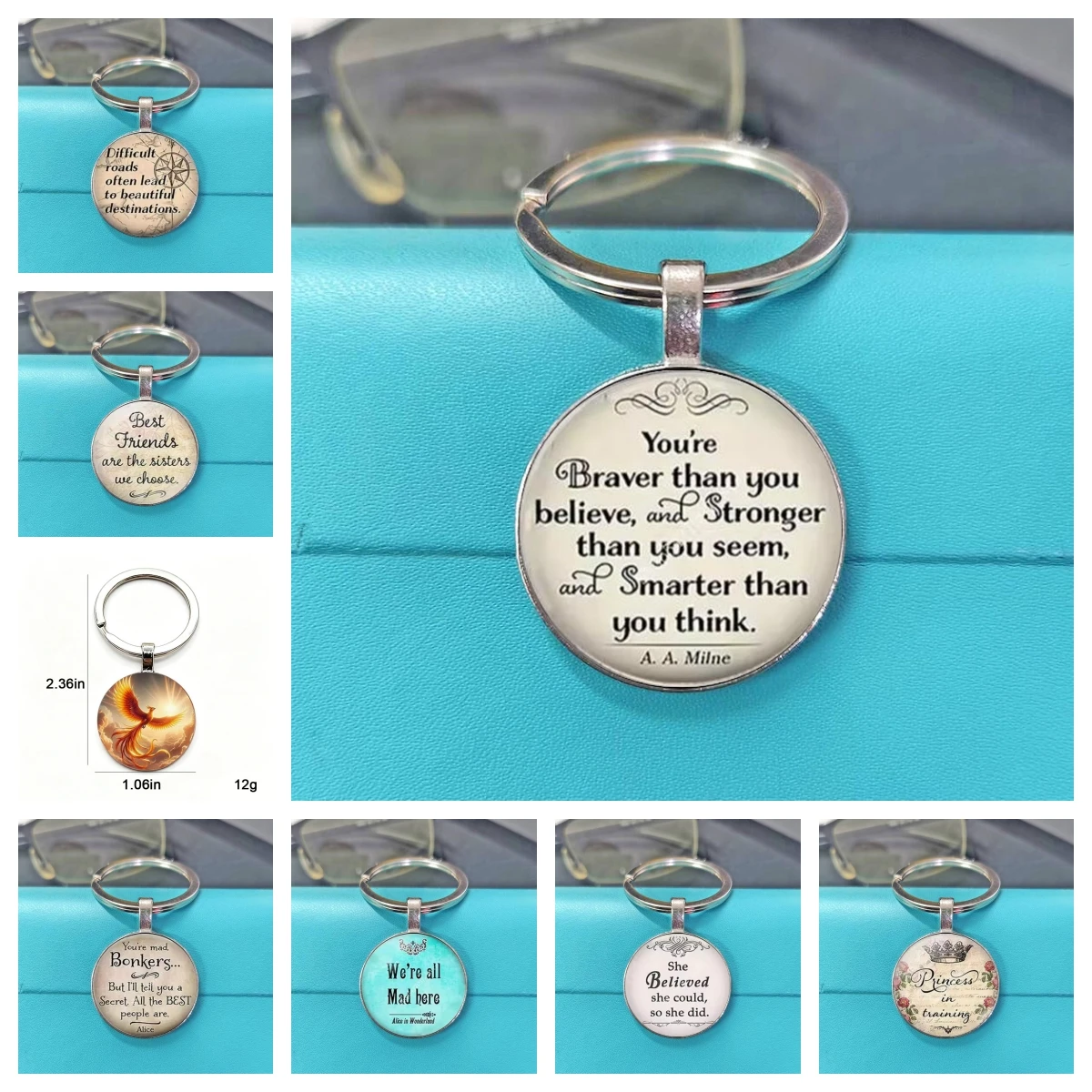 Brown background retro English numbers, clock pattern keychain neutral, suitable for 25mm round