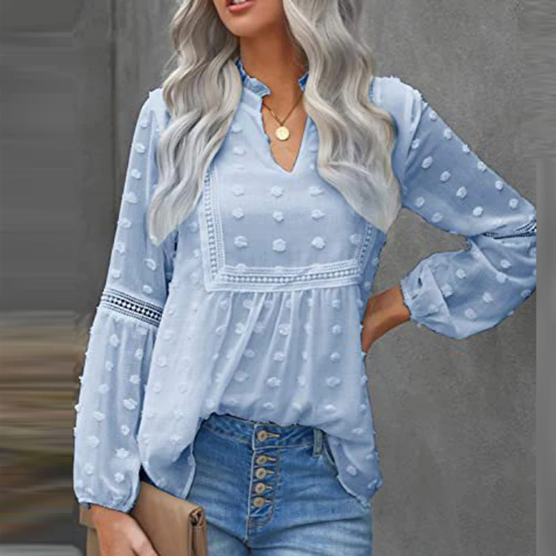 Blusa Chiffon com Manga Puff Feminina, Top Decote V, Malha de Renda, Roupas Ocas, Camisas Boho Casuais, Verão e Outono, Nova