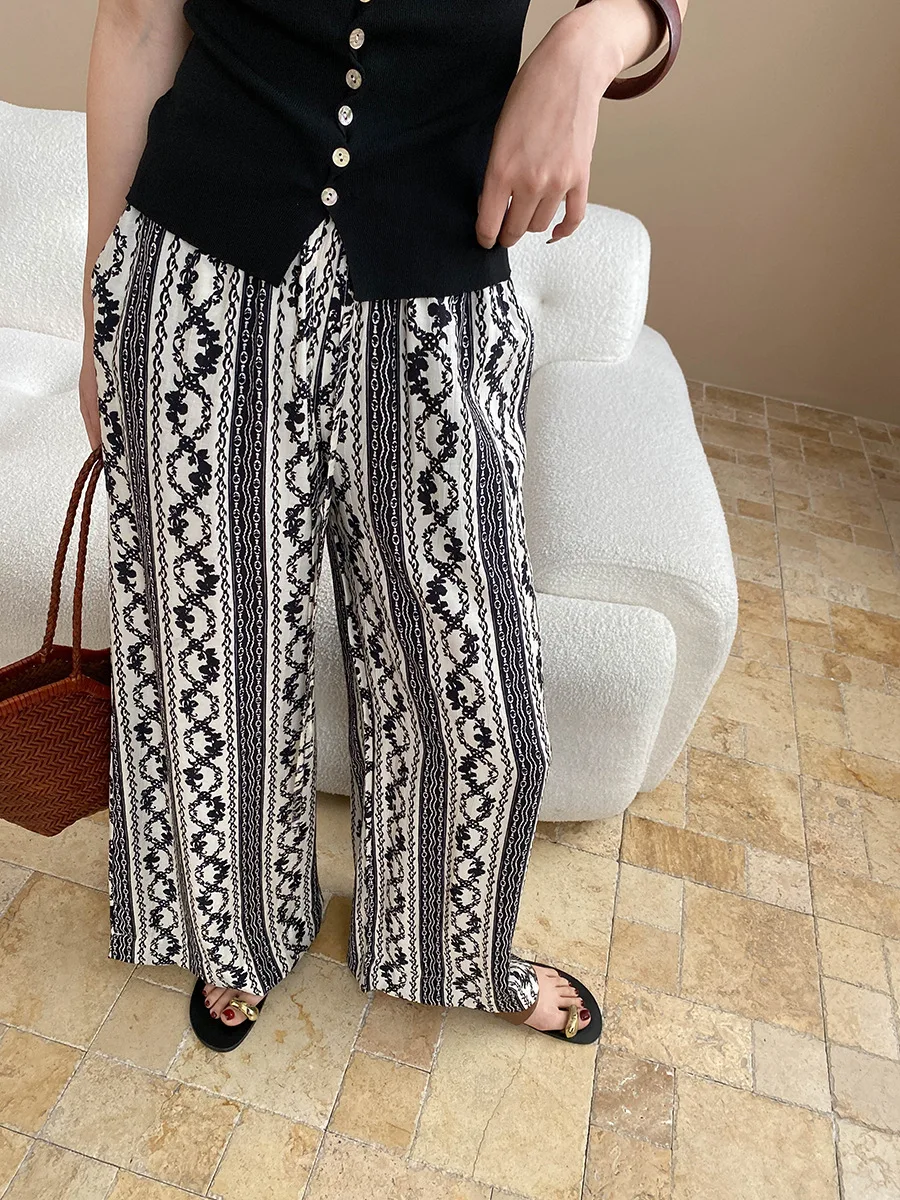 

Summer women's casual printed high waisted loose wide leg pants