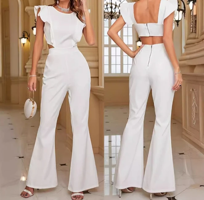 

Sexy Elegant Women's White Ruffled Jumpsuit Temperament Commuting Female Clothes Summer Women Thin Elegant High Waist Jumpsuits