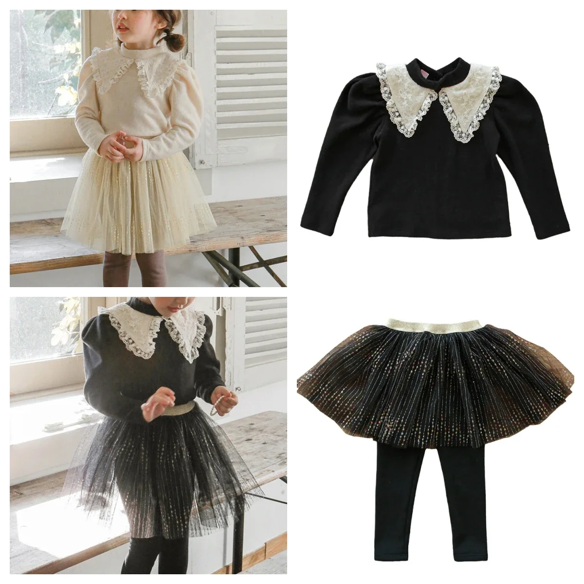 

Kids Girls Clothes 2024 Winter Toddler Girl Thick Plush T-shirt and Mesh Princess Skirt Culottes Plush Vest Outfit Set