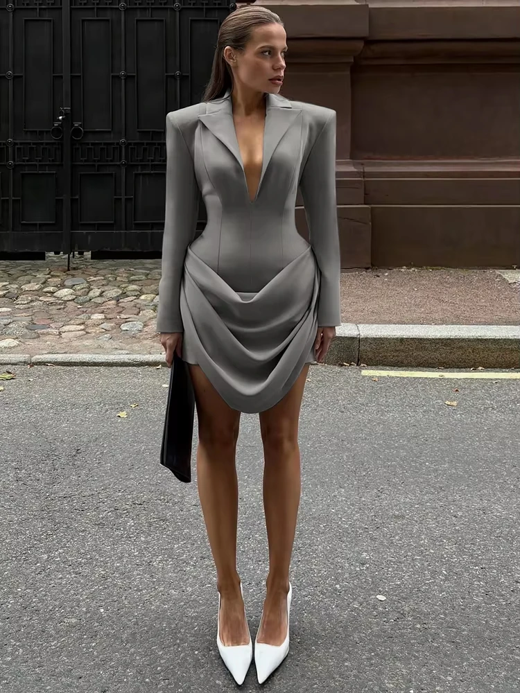 Classic Ruched Dress Women Lapel Irregular Hem Full Sleeve Skinny Solid Elegant Autumn Trend Commute Office Bodycon