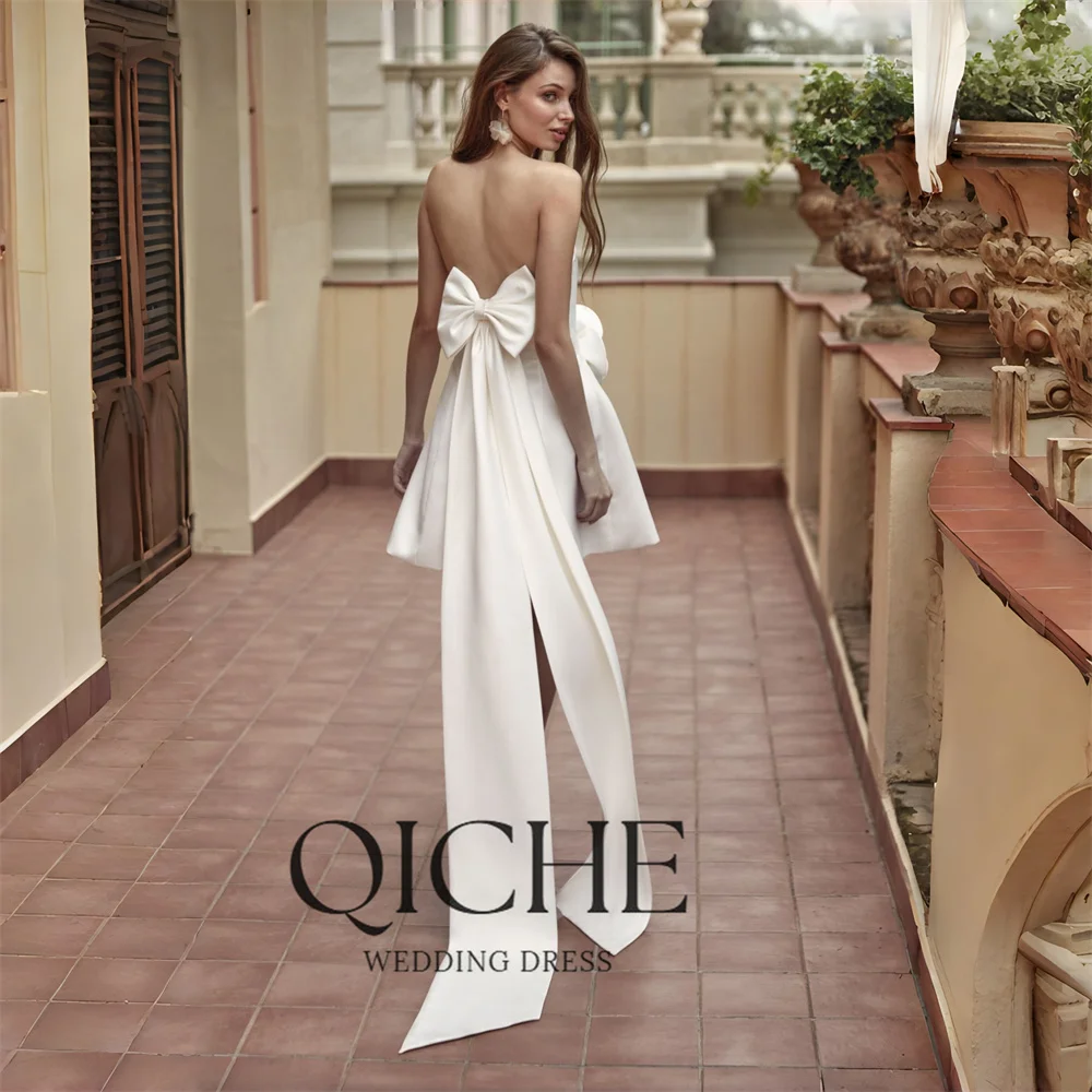 QICHE Classic Bow Flowers Short A-Line Wedding Dresses Boat-Neck Open Back Sleeveless Bridal Gown Vestidos De Noiva Customized