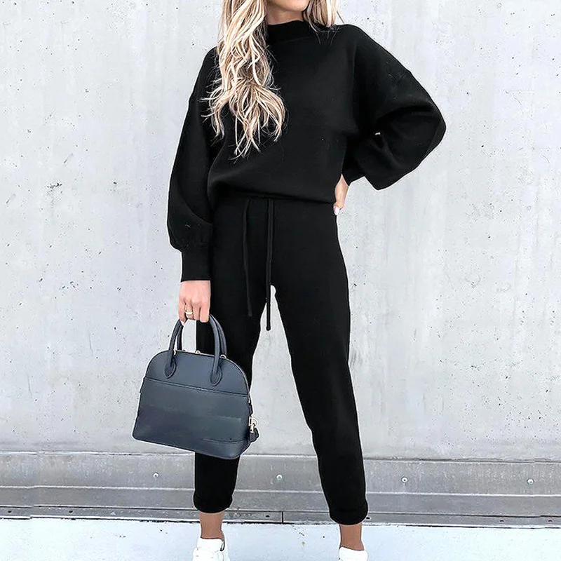 Autumn and Winter Women's Sweater Set High Collar Casual Pure Color Trousers Two-piece Set image 5