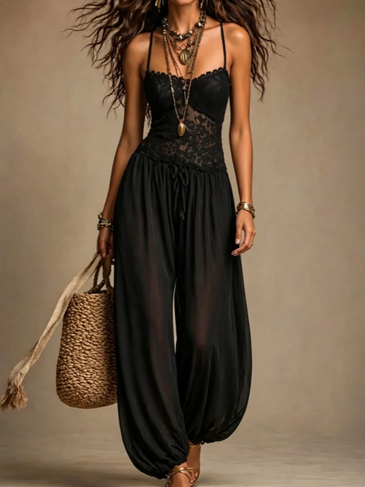 Sleeveless Hollow out Patchwork Playsuit Women's Summer Spaghetti Strap Jumpsuit Backless Fashion Solid Bodysuit Streetwear 2026