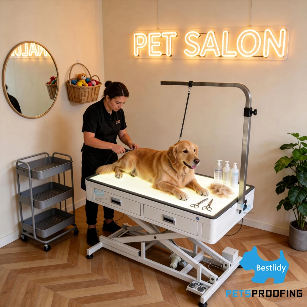 

50 Inch Professional Pet Led Light Electric Lifting Foot Pump Adjustable Dog Grooming Table With Drawers