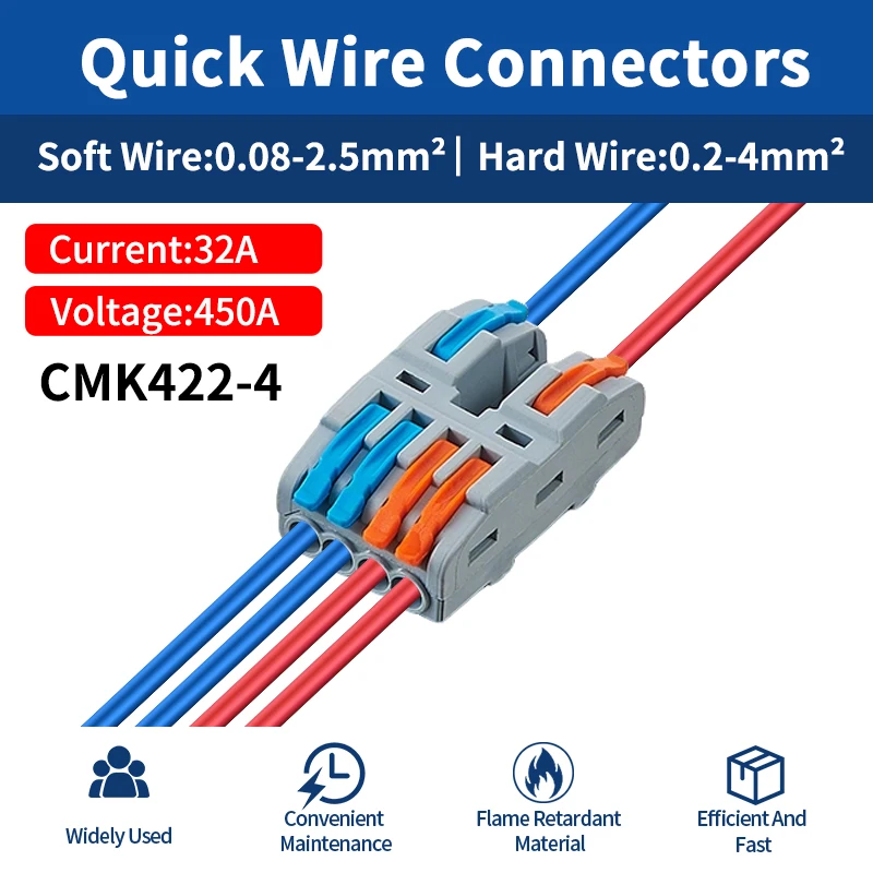 JINH 20Pcs CMK422-4 2-to-4 One-Flip Clamp Connector 4Port Universal Spring Push-in Terminal for 0.08-4mm² Wiring
