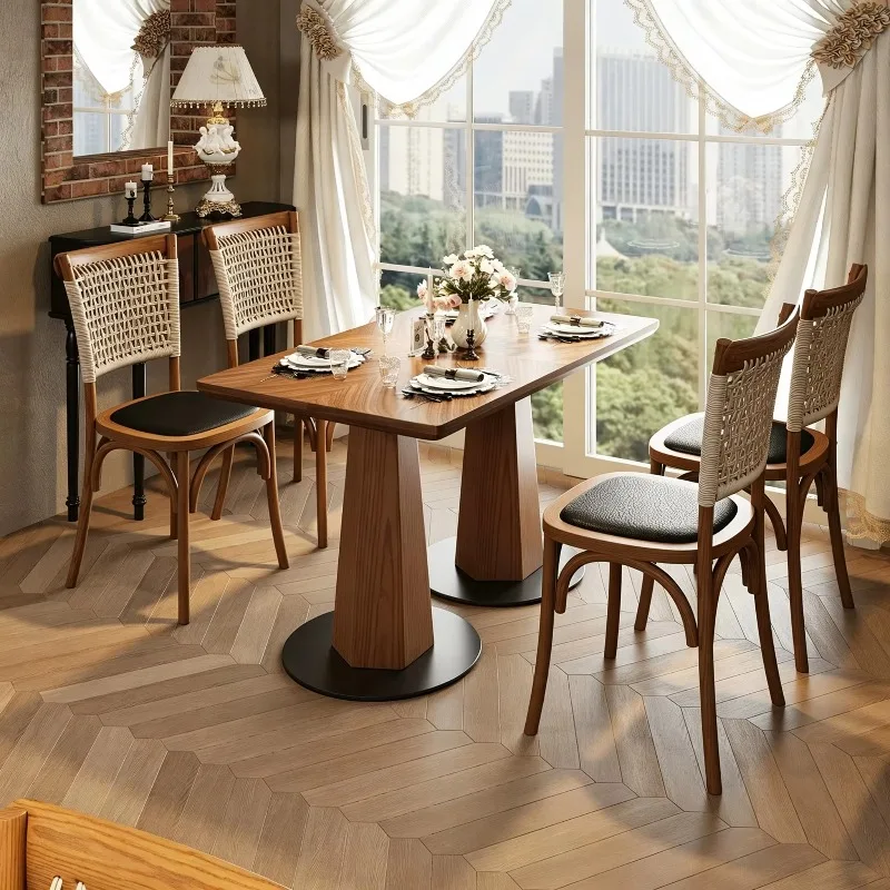 Vintage Commercial Cafe Dining Furniture Set, Solid Wood Square Table & Rattan Back Dining Chairs For Restaurant Bistro Coffee T