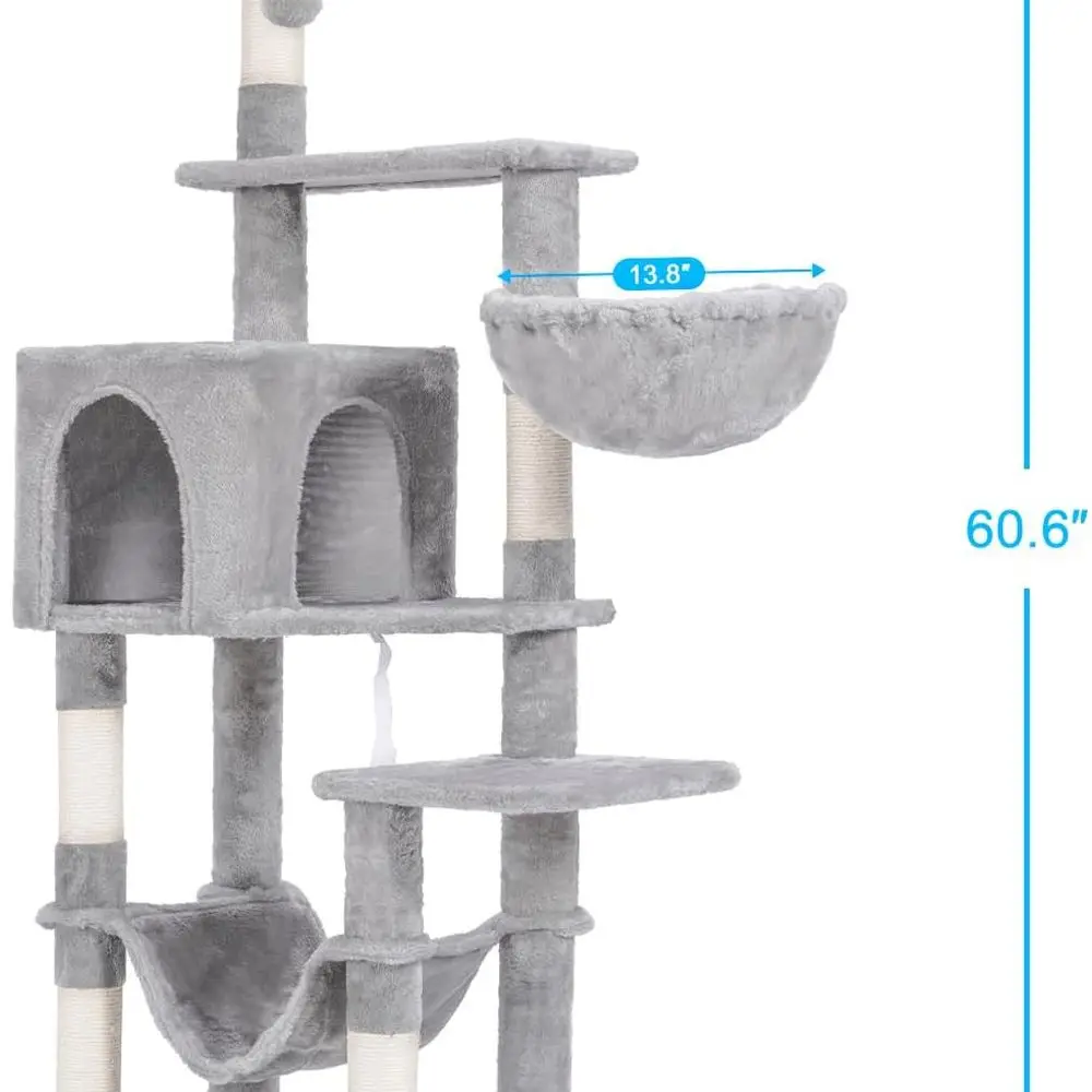 Indoor Multi-Level Cat Tree with Large Hammock, Sisal Scratching Posts, and Top Perch, Light Gray