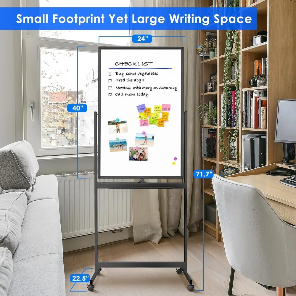 Mobile Double-Sided Whiteboard 40x24, Rolling Stand with Lockable Wheels, Reversible Dry Erase Board for Office, School, Home
