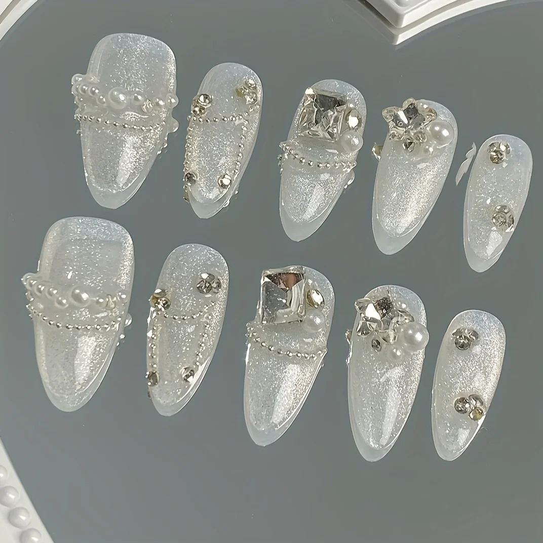 10 faux ongles en forme d'amande pressés à la main, magnifiques faux ongles, effet œil de chat, diamants brisés, luxe léger, adaptés aux femmes