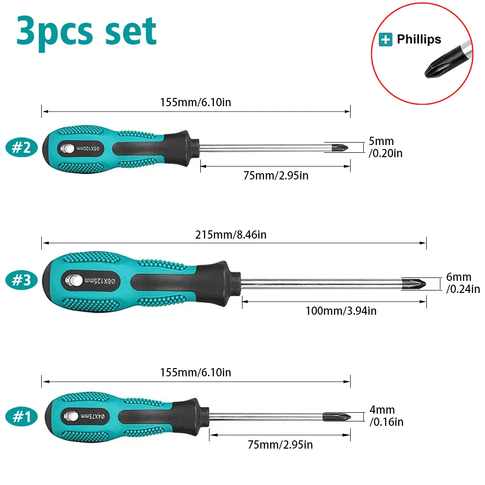 3-Piece Phillips Screwdriver Set (4mm + 5mm + 6mm) for Home Installation and Disassembly, and Vehicle Screws.