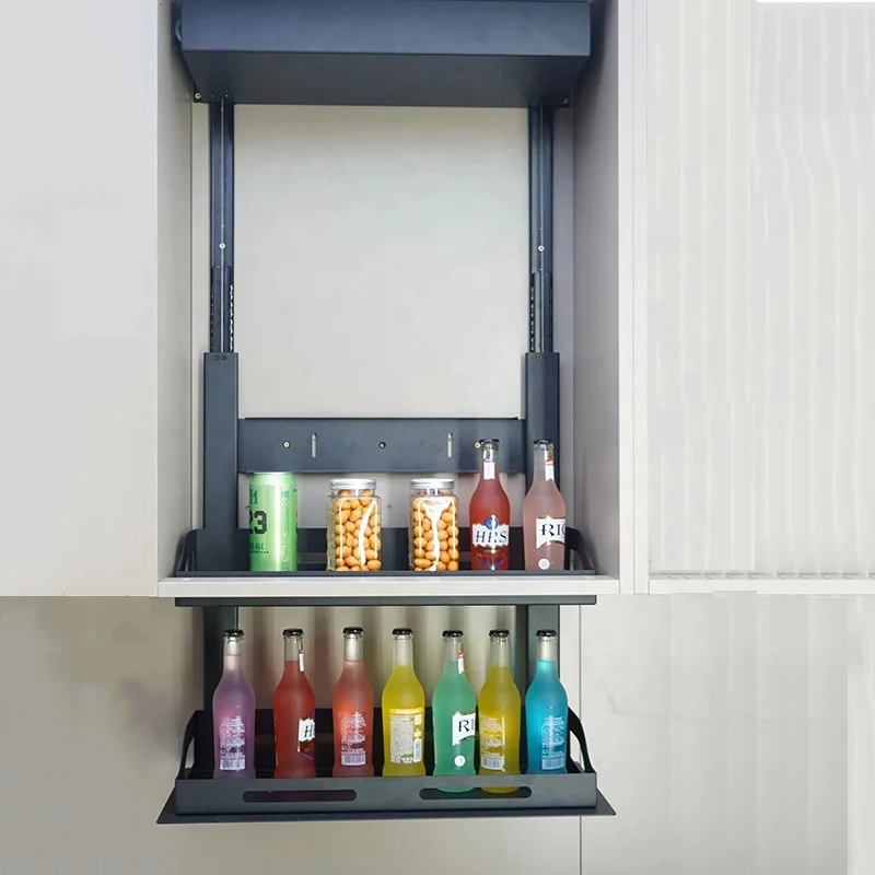 خزانة رفع كهربائية سلة قابلة للسحب على شكل درج سلة توابل قابلة للسحب خزانة تخزين بطبقة مزدوجة مخفية #3