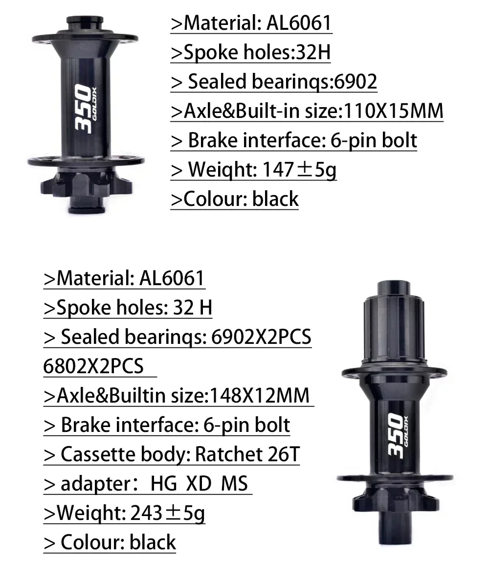GOLDIX 32H Light Bicycle Hub Sealed Bearing 6-bolt Disc Brake J-Bend 32 Holes Ratchet 26T BOOST MTB Hub for HG XD MS Freewheel
