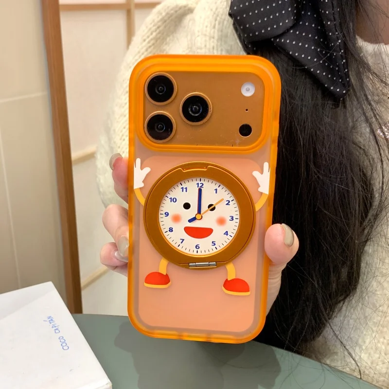 

Fashion Cute Alarm Clock Magnetic Stand Phone Case For iPhone 17 Pro 16 15 Pro Max Cover Matte Cartoon Protective Cases For iPho