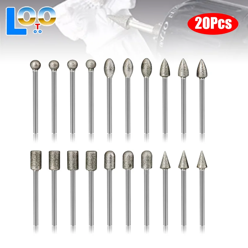 20 шт., набор алмазных сверл, шлифовальных бит, мини-сверла, набор заусенцев для вращающегося инструмента, шлифовальные принадлежности, хвостовик 3 мм