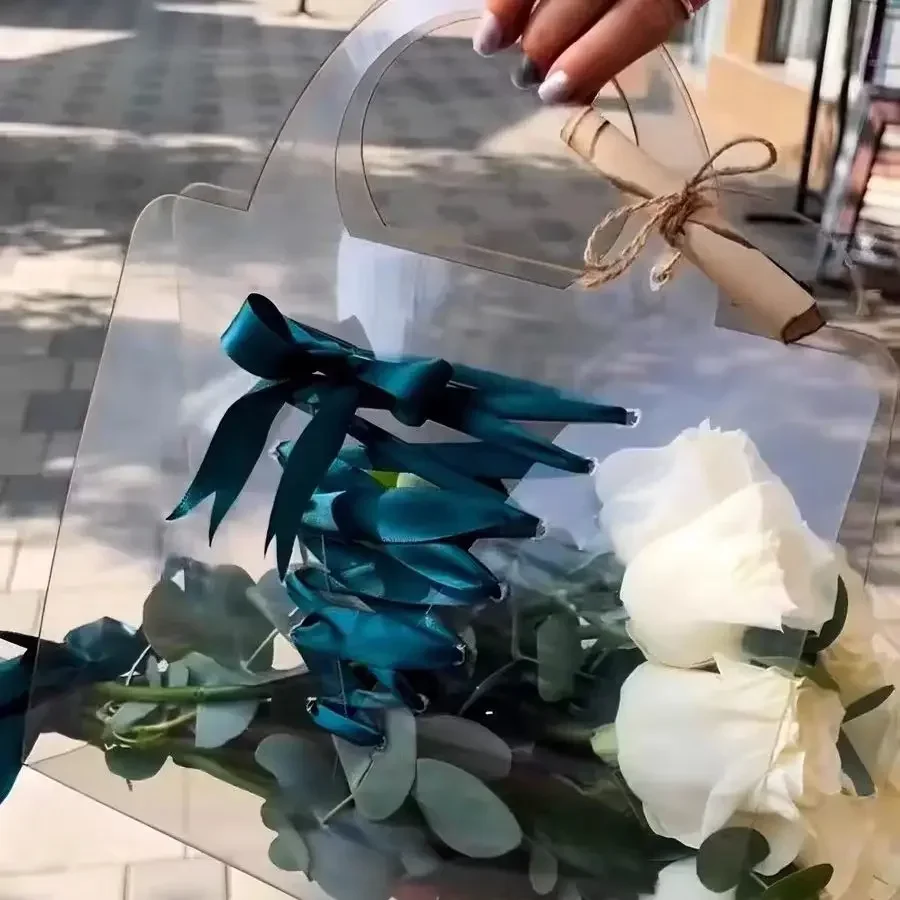 New Transparent Flower Bag with Handle Fresh Flower Bouquet Wrapping Boxes Wedding Birthday Party Gift Rose Packaging Handbags