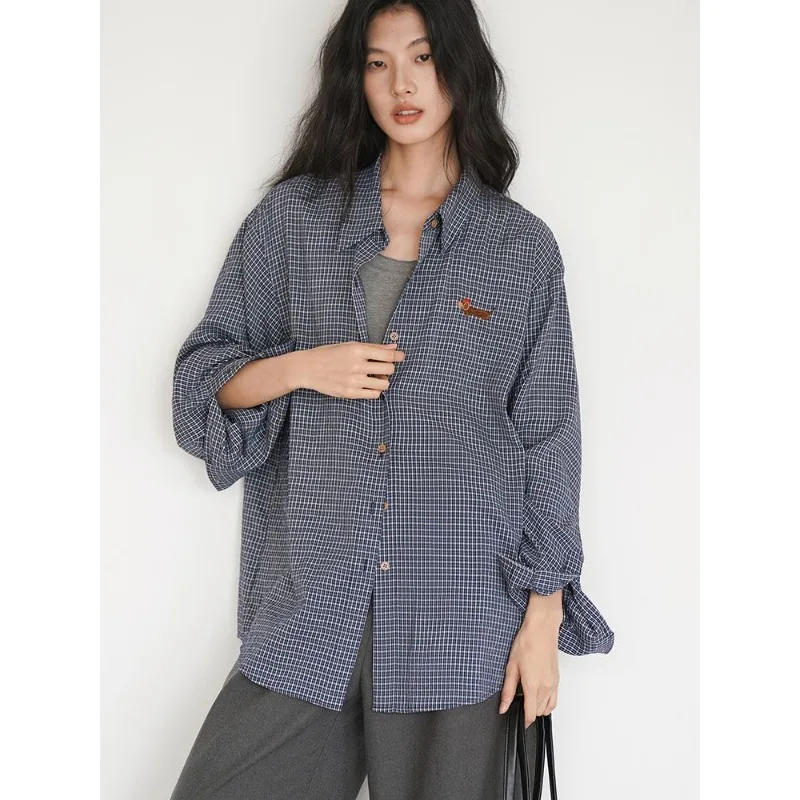 

QWEEK Vintage Plaid Oversized Shirt Korean Style Casual Office Youth Women's Blouses Long Sleeve Button Autumn Women's Clothes