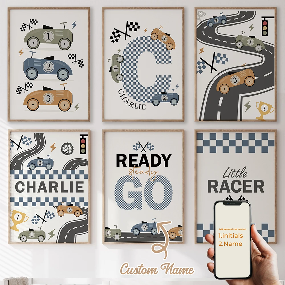 6 Stück personalisierte, individuell gestaltete Cartoon-Rennwagen-Wandkunstdrucke, Leinwandposter, Gemälde für Wohnzimmer, Heimdekoration