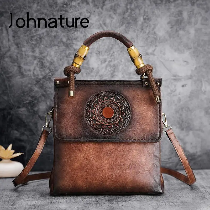 Johnature Vintage Women Bag 2024 New Classic Totem Embossing Luxury Handbag Versatile High Quality Leather Ladies Shoulder Bags